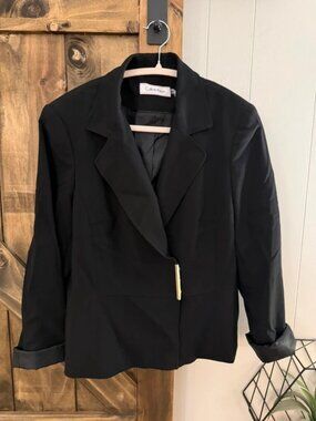 Calvin Klein Black Women's Single-Breasted Blazer with Gold Buttons